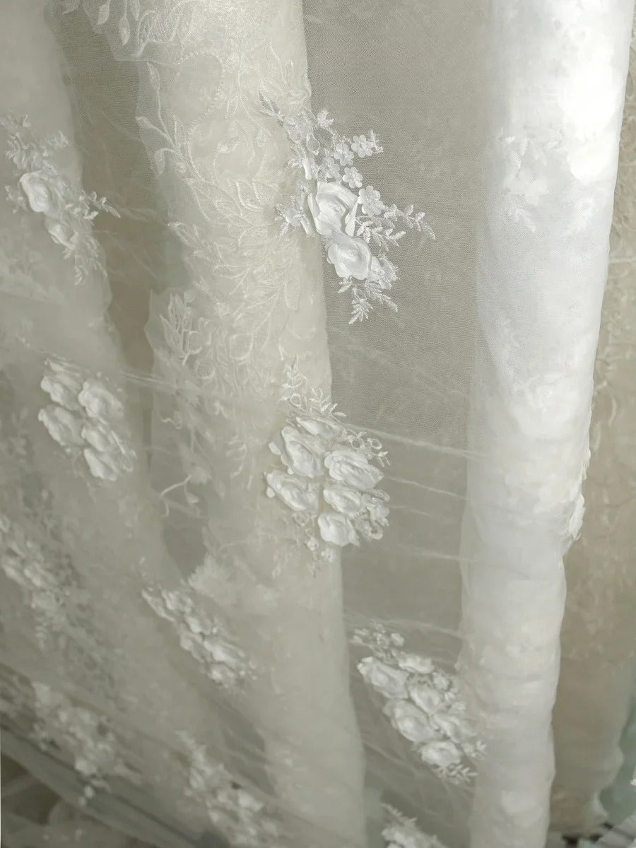 3D Rose Embroidered Mesh Fabric - Lightweight Sheer for Bridal Gowns