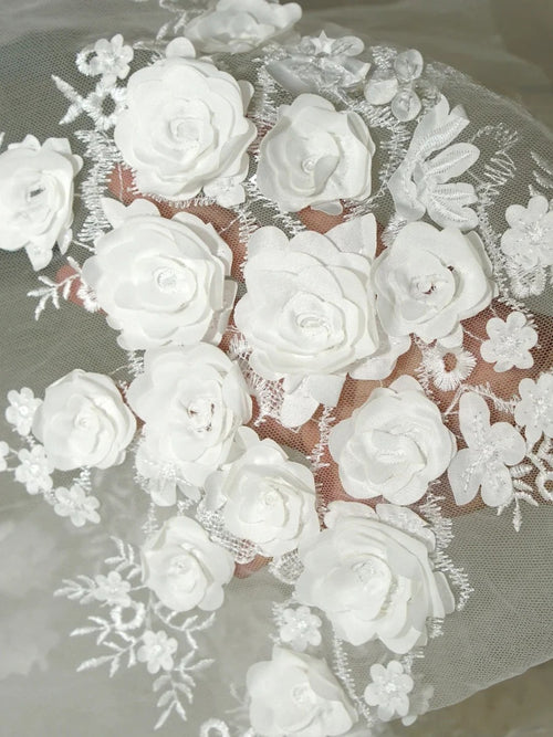 3D Rose Embroidered Mesh Fabric - Lightweight Sheer for Bridal Gowns