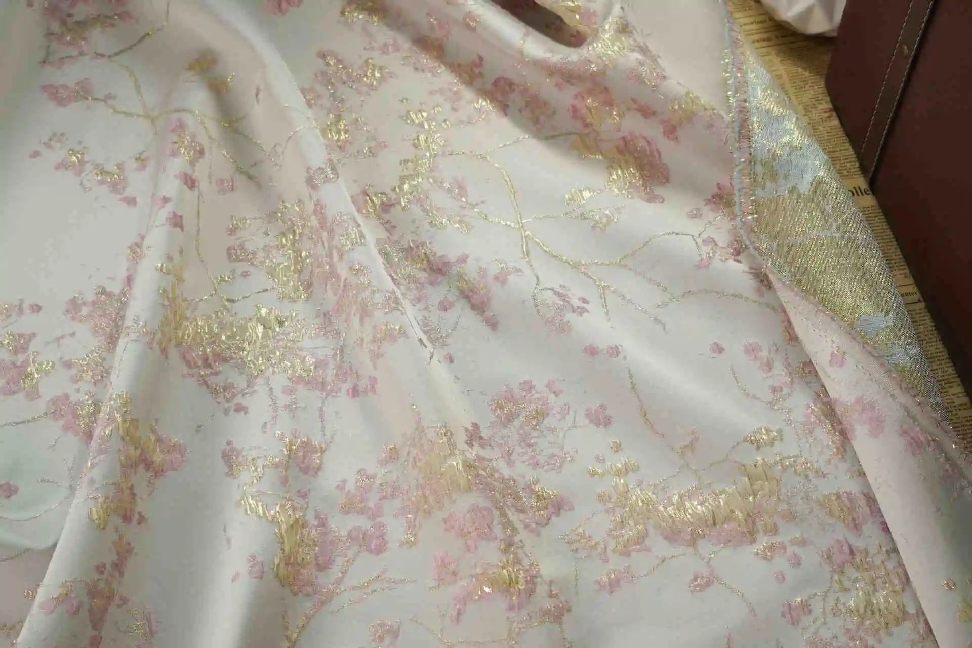 Pink Gold Embossed Elegant Girly Dress Fabric Slightly Elastic Jacquard for Women's Coat Home Decoration Bouquet 1 Meter
