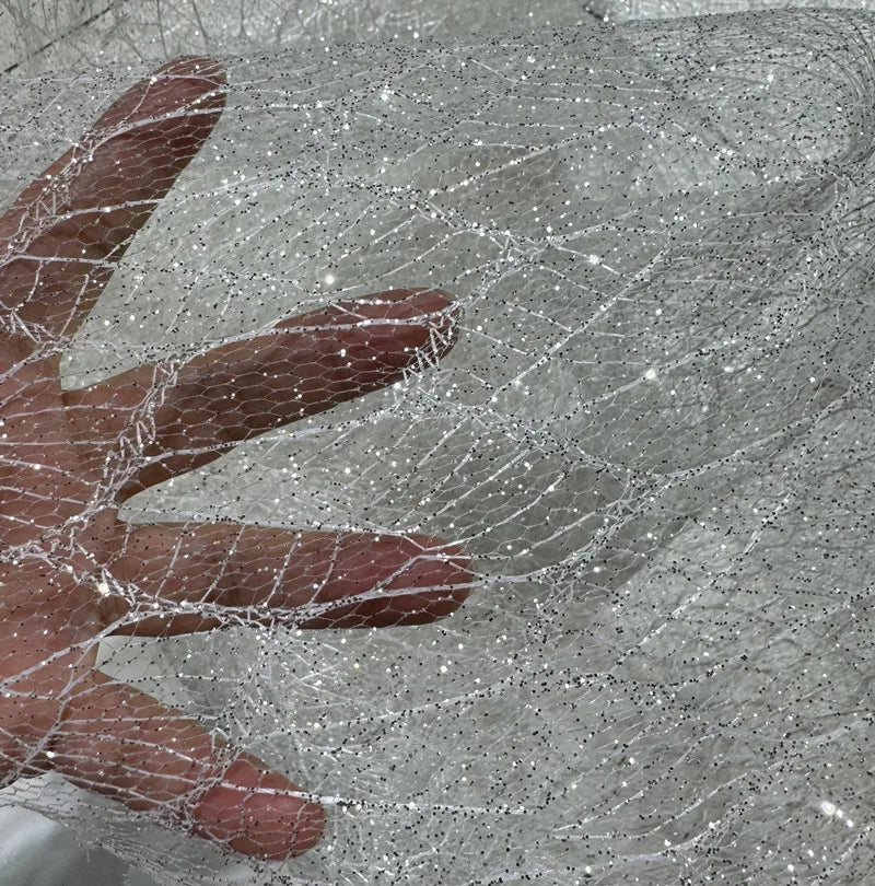 Silver glitter mesh shape hard mesh yarn spray silver powder irregular hot stamping wedding dress fabric