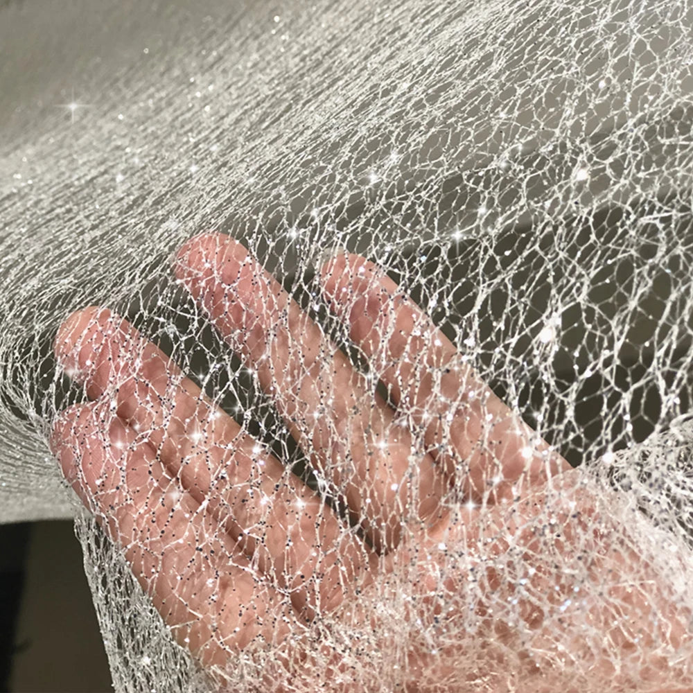 Full Star Bronzing Silver Sparkly Powder Tulle Mesh Fabric - Transparent Messy Hard Wedding Dress Home Decor Material