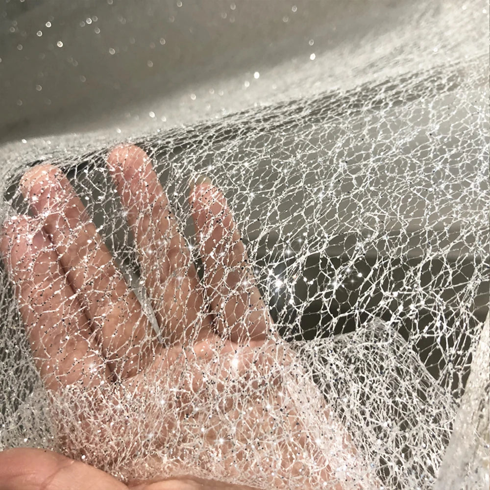 Full Star Bronzing Silver Sparkly Powder Tulle Mesh Fabric - Transparent Messy Hard Wedding Dress Home Decor Material