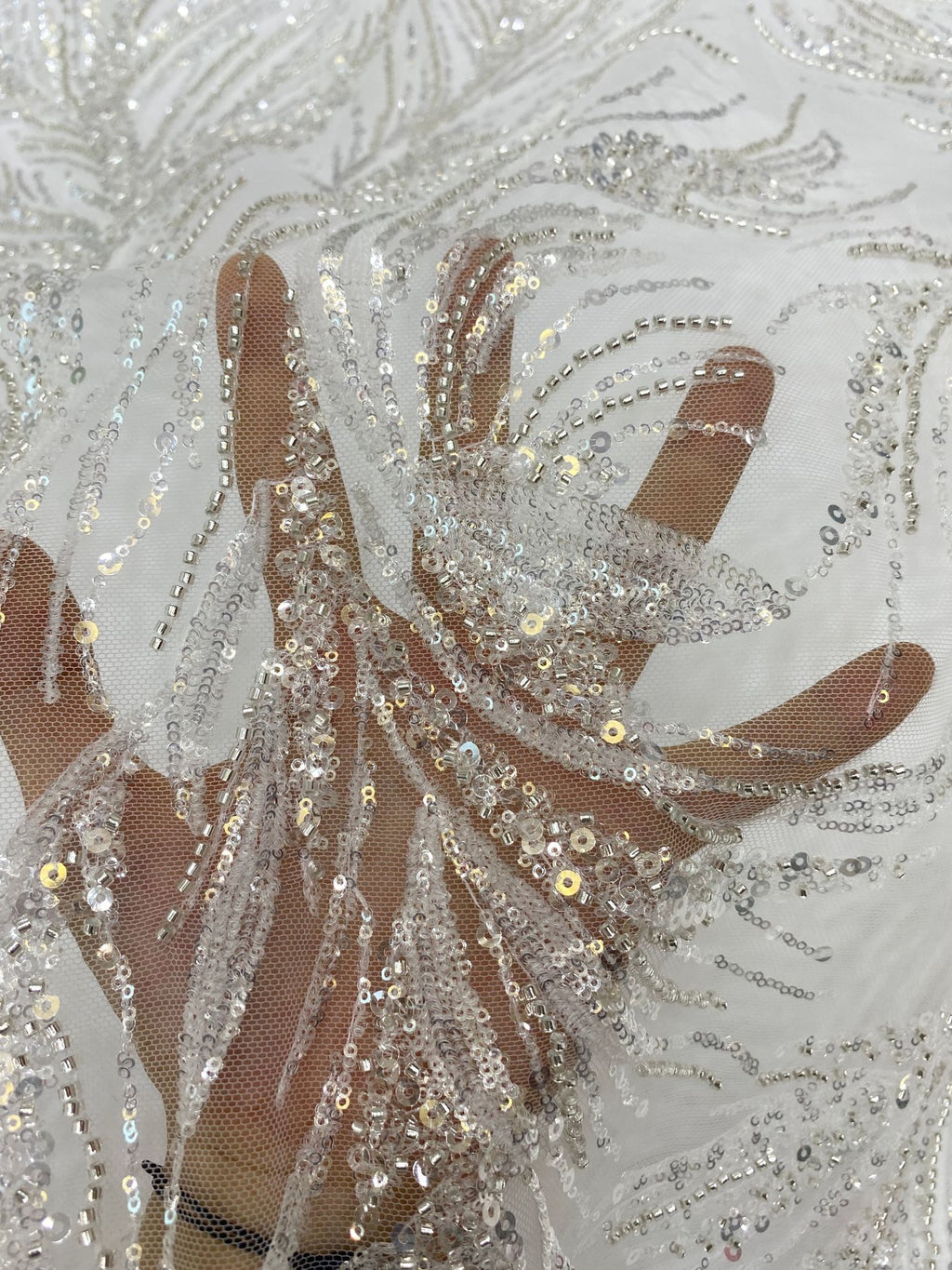 Silver-Filled Bead & Ivory Sequin Bridal Fabric — fabric photo 5