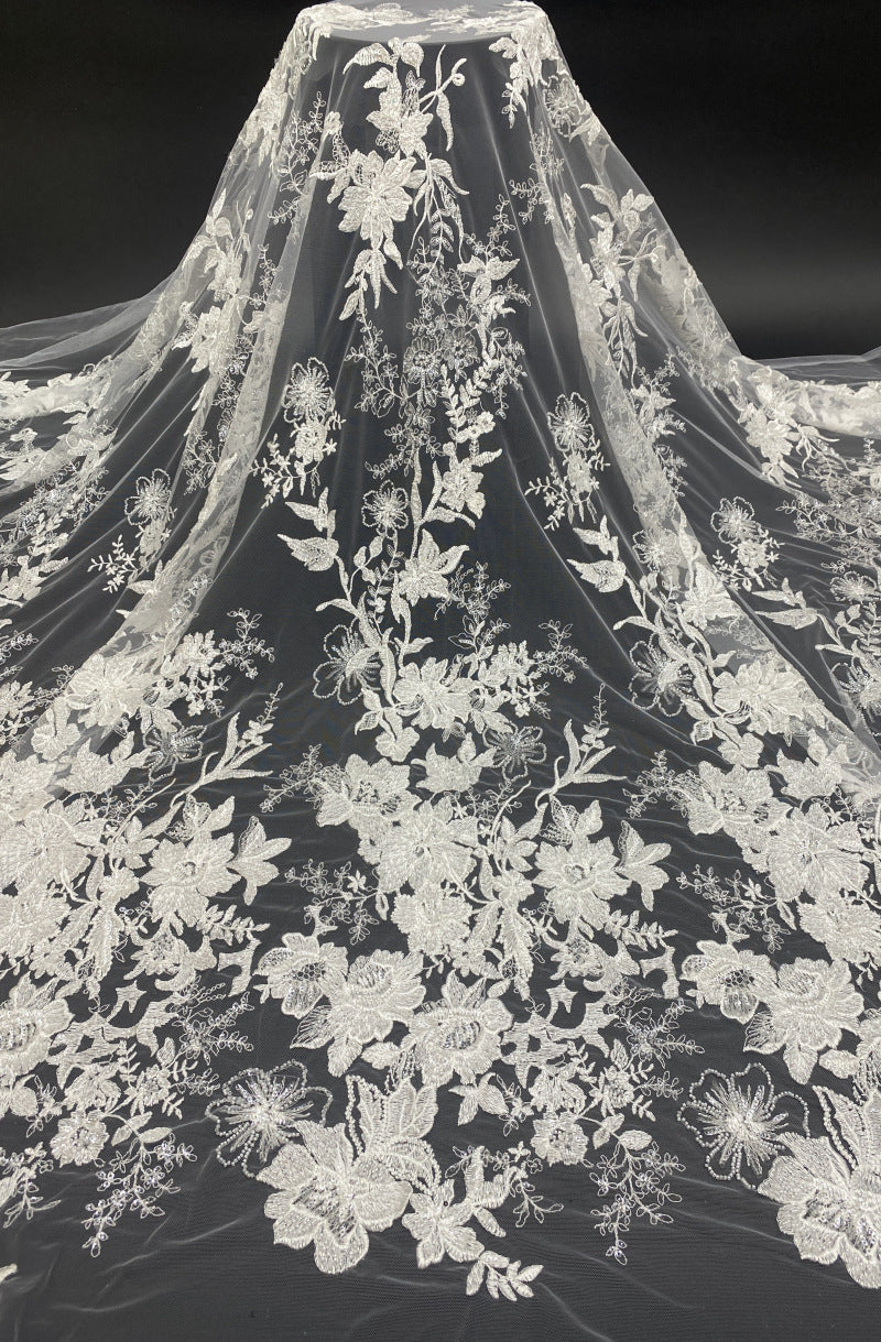 White-Core Bead & 4mm Sequin Bridal Fabric
