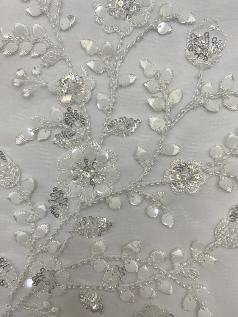 Symmetrical Botanical Bead Sequin Embroidery Fabric — fabric photo 5
