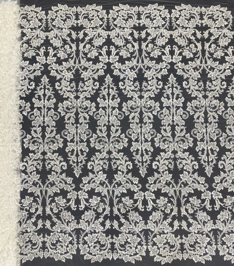 Symmetrical Sequin & Bubble-Bead Embroidered Bridal Fabric