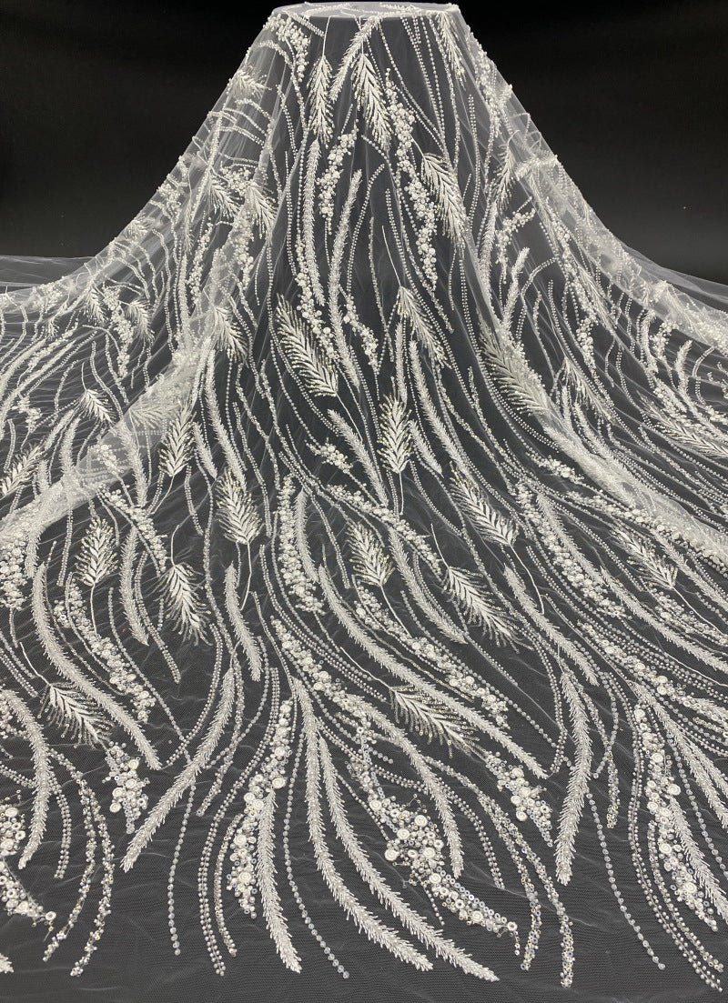 Feather-Style Foam Bead & Sequin Embroidery Fabric