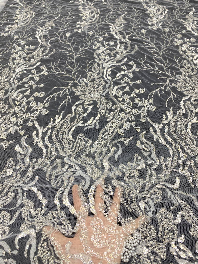 Silver Thread Foam Bead & Sequin Embroidery Fabric — fabric photo 2
