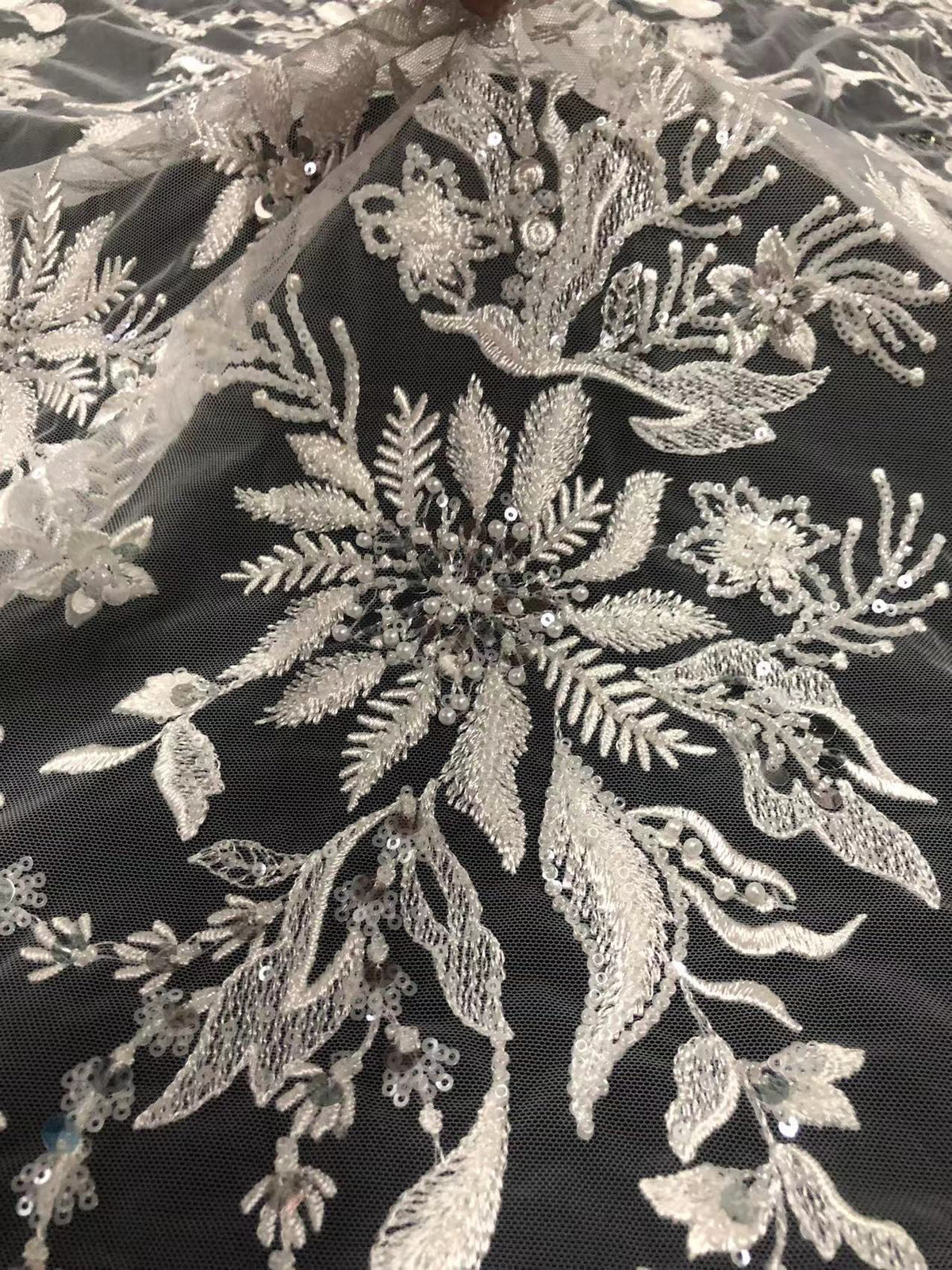 White-Core Bead & 3/7 mm Sequin Embroidered Fabric — fabric photo 3