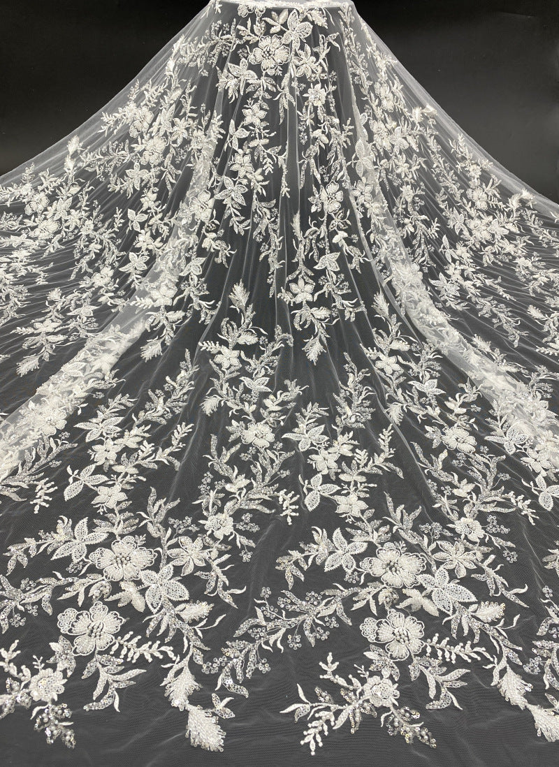 Symmetrical Floral Beaded Sequin Lace Fabric — fabric photo 6