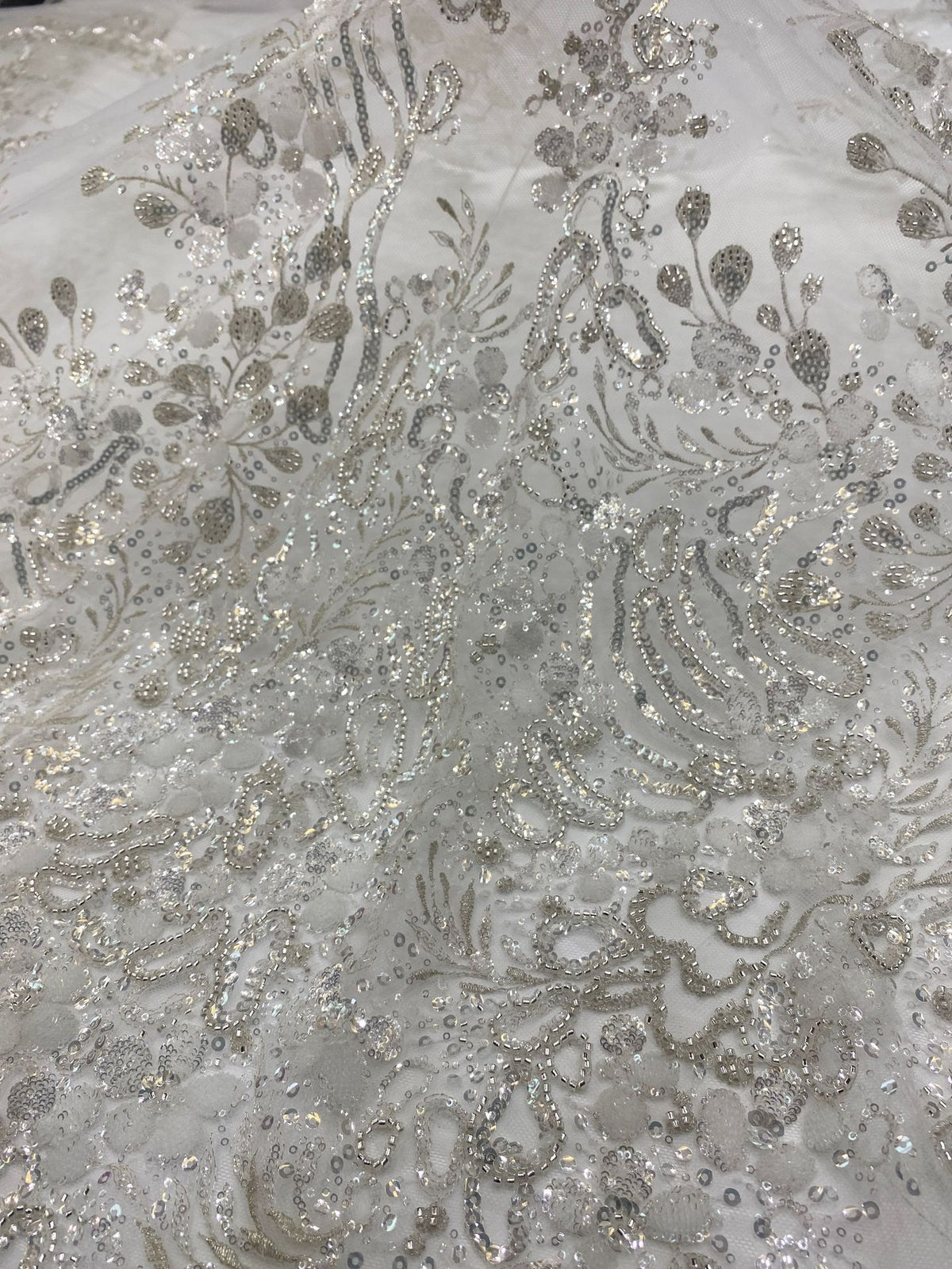Silver Metallic Thread Beaded & Crystal Sequin Fabric — fabric photo 4
