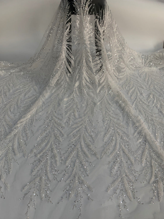 Heavy 3D 3/4 mm Crystal-Look Sequin Embroidered Bridal Fabric — fabric photo 6