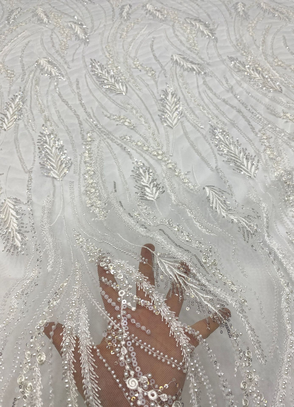 Feather-Style Foam Bead & Sequin Embroidery Fabric — fabric photo 4