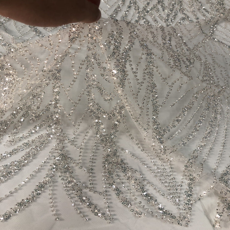 3/4 mm Crystal-Look Sequin & Silver-Bead Embroidered Bridal Fabric – Design 22111 — fabric photo 2