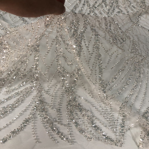 3/4 mm Crystal-Look Sequin & Silver-Bead Embroidered Bridal Fabric – Design 22111 — fabric photo 2