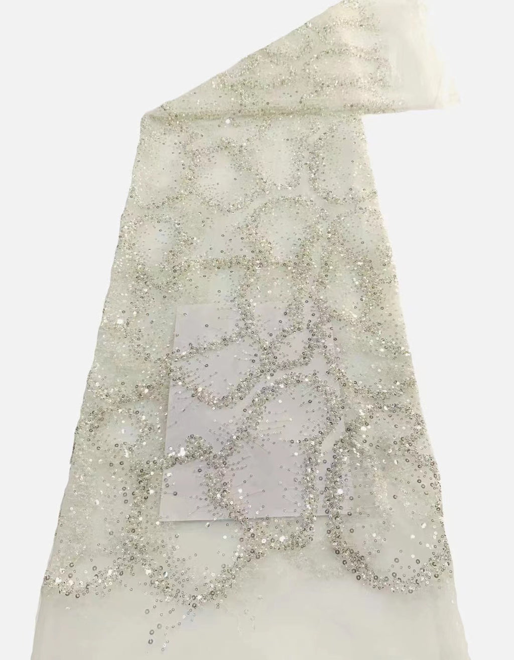 Geometric 3/5 mm Crystal-Look Sequin & Silver-Bead Embroidered Bridal Fabric — fabric photo 3