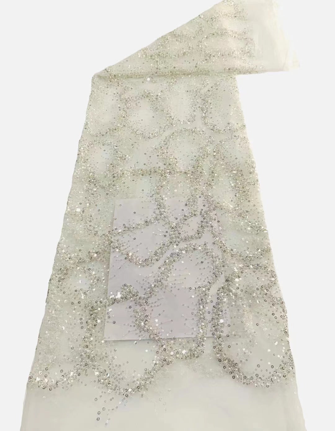 Geometric 3/5 mm Crystal-Look Sequin & Silver-Bead Embroidered Bridal Fabric — fabric photo 3