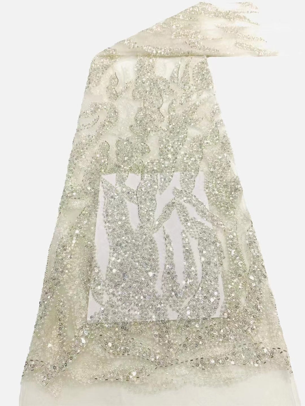 Heavy Diamond Grid 3/5 mm Crystal-Look Sequin & Triple-Bead Embroidered Bridal Fabric — fabric photo 6