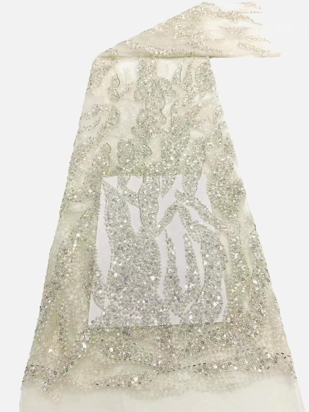 Heavy Diamond Grid 3/5 mm Crystal-Look Sequin & Triple-Bead Embroidered Bridal Fabric — fabric photo 6