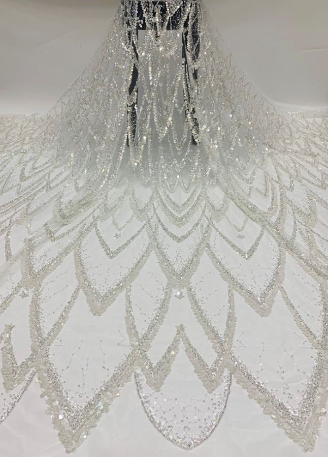3/7 mm Sequin & Silver-Bead Embroidered Bridal Fabric – Design 18911