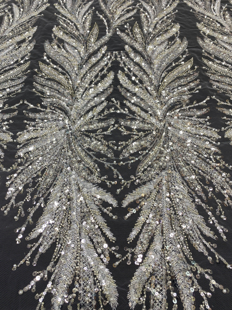Silver Raised-Bead and 3/5 mm Crystal Sequin Bridal Fabric — fabric photo 4