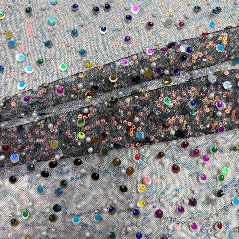 Multicolor Sequin & Bugle-Bead Embroidered Bridal Fabric — fabric photo 2