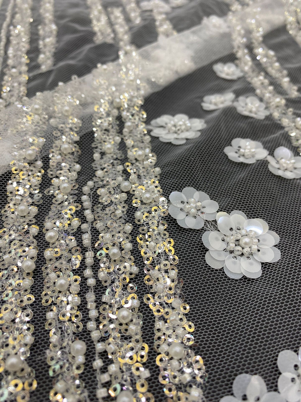 Small Floral Sequin & Bubble-Bead Embroidered Bridal Fabric