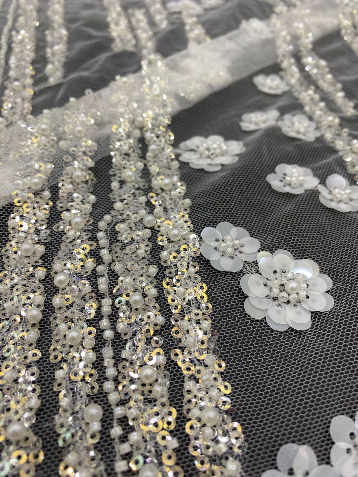 Small Floral Sequin & Bubble-Bead Embroidered Bridal Fabric