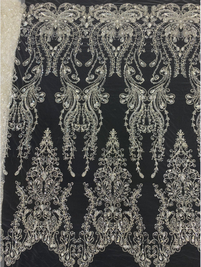 Large Floral 3/4 mm Crystal-Look Sequin & Silver-Bead Embroidered Bridal Fabric — fabric photo 5