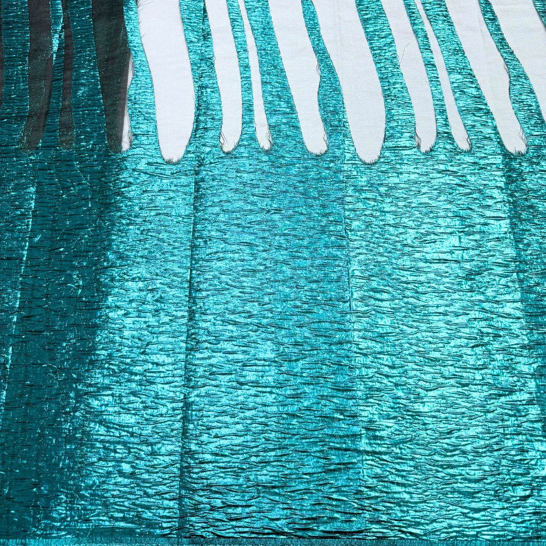 Teal metallic brocade organza fabric with bold stripe pattern and sheer sections