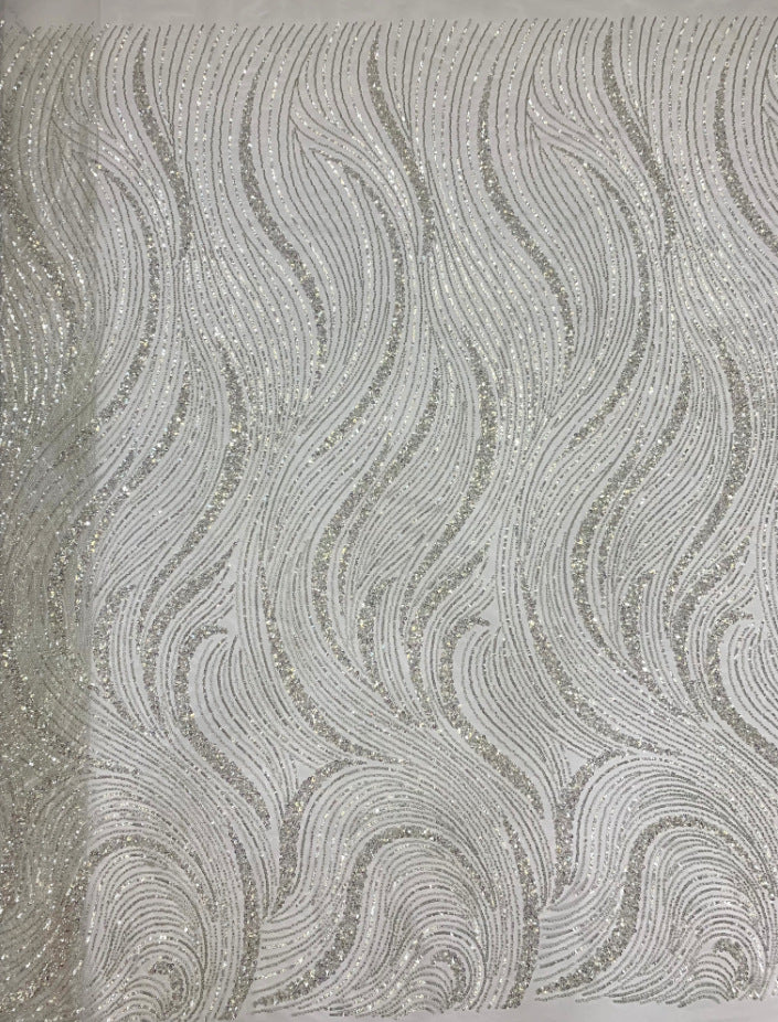 Wave 3/5 mm Crystal-Look Sequin & Silver-Bead Embroidered Bridal Fabric – Design 69183 — fabric photo 2