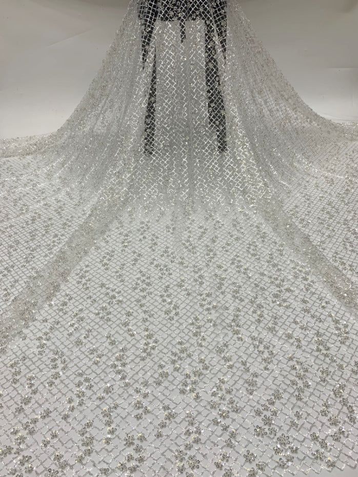 2/4 mm Crystal-Look Sequin & Silver-Bead Embroidered Bridal Fabric – Design 45311 — fabric photo 6