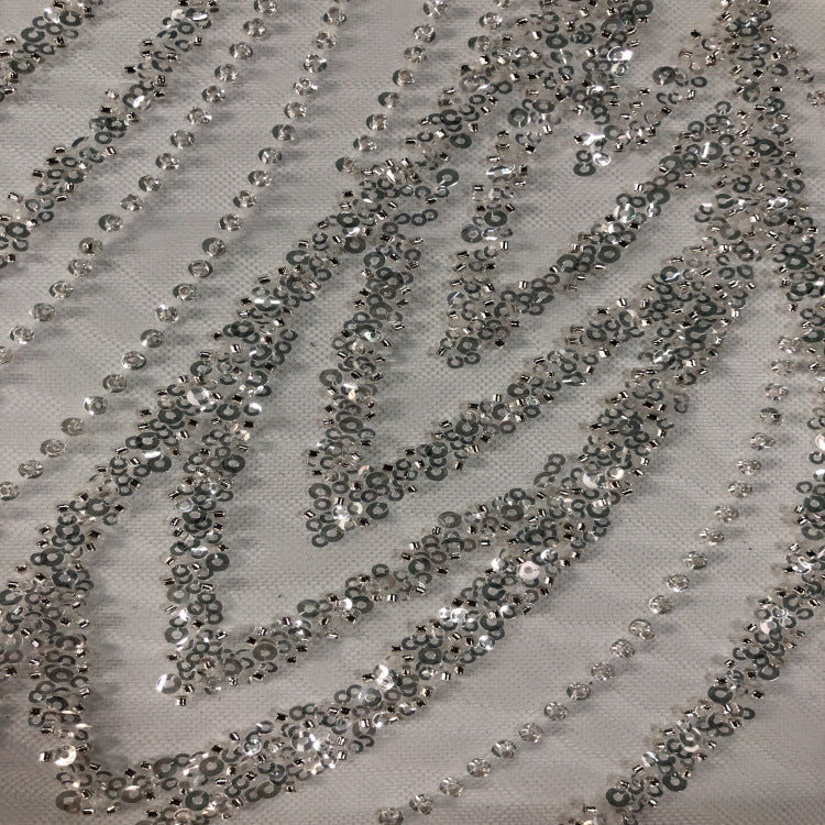 3/4 mm Crystal-Look Sequin & Silver-Bead Embroidered Bridal Fabric – Design 22111 — fabric photo 4