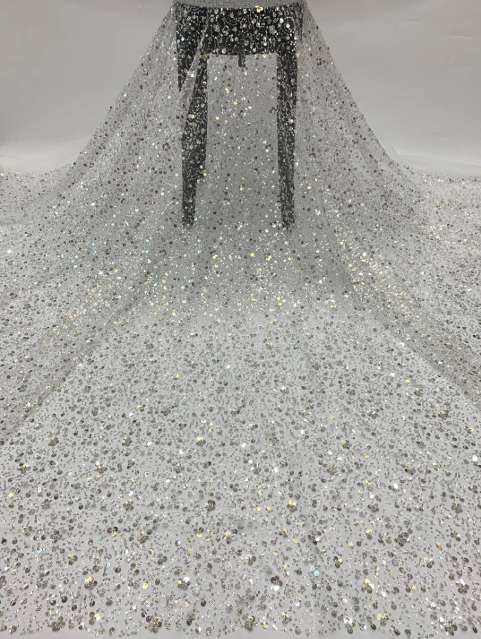 3/7 mm Crystal-Look Sequin & Silver-Bead Embroidered Bridal Fabric – Design 43071