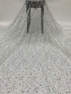 3/7 mm Crystal-Look Sequin & Silver-Bead Embroidered Bridal Fabric – Design 43071