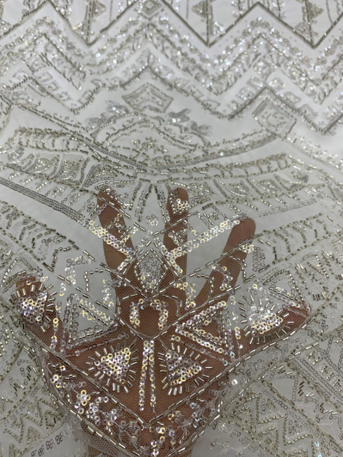 3 mm Crystal-Look Sequin & Bugle-Bead Embroidered Bridal Fabric — fabric photo 5