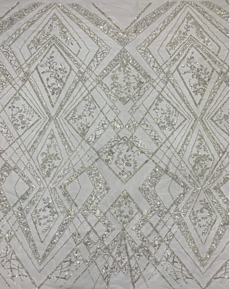 Heavy 3/5 mm Crystal-Look Sequin & Triple-Bead Embroidered Bridal Fabric – Design 99583 — fabric photo 2