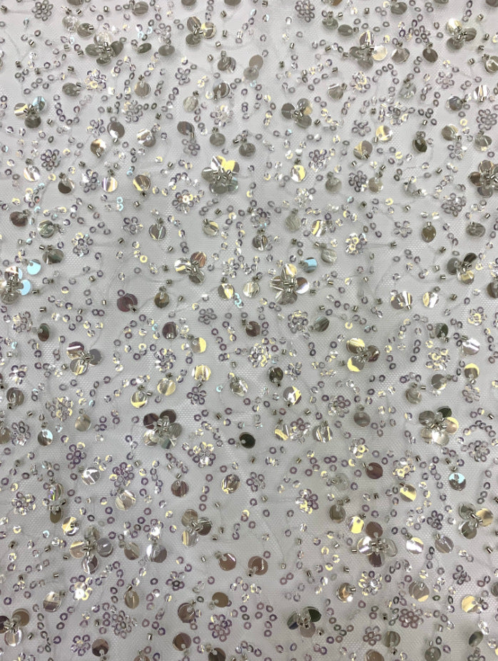 3/7 mm Crystal-Look Sequin & Silver-Bead Embroidered Bridal Fabric – Design 43071 — fabric photo 3