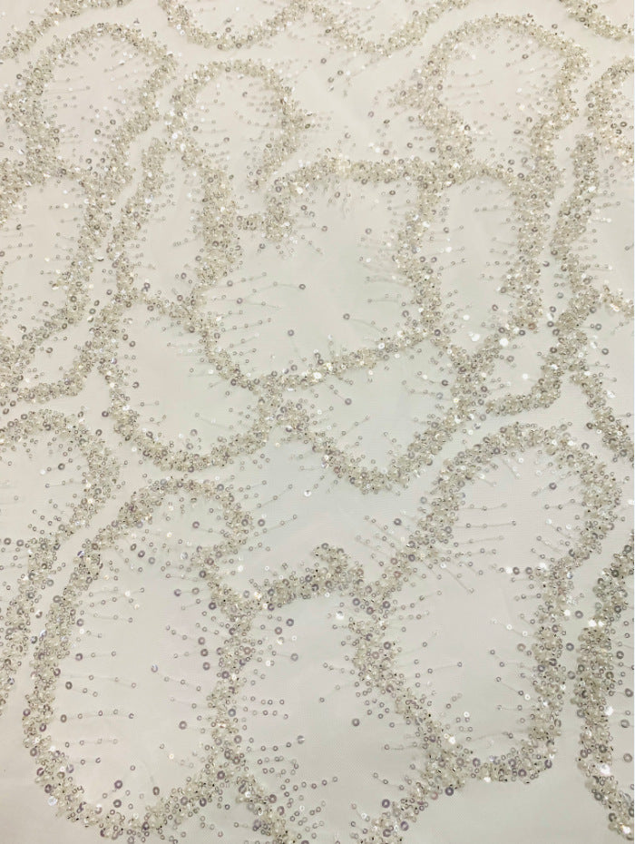 Geometric 3/5 mm Crystal-Look Sequin & Silver-Bead Embroidered Bridal Fabric — fabric photo 5