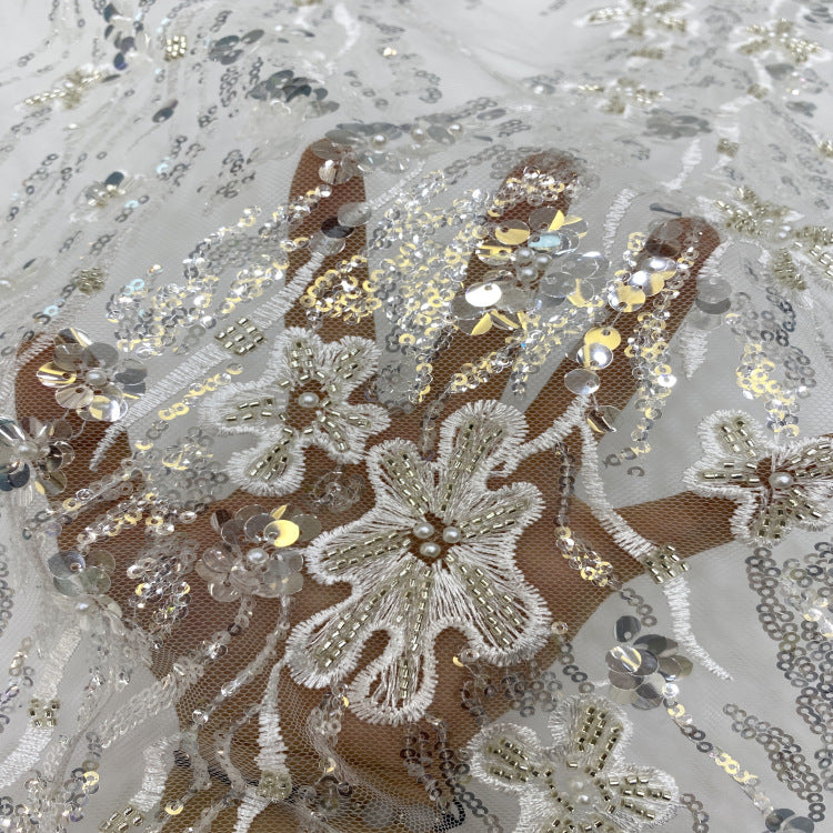 3/7 mm Crystal-Look Sequin & Silver-Bead Embroidered Bridal Fabric – Design 47551 — fabric photo 5