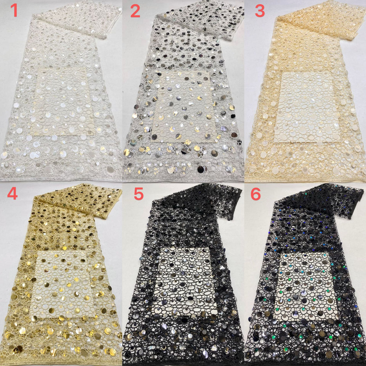 Color selection collage of large sequin embellished lace fabric samples