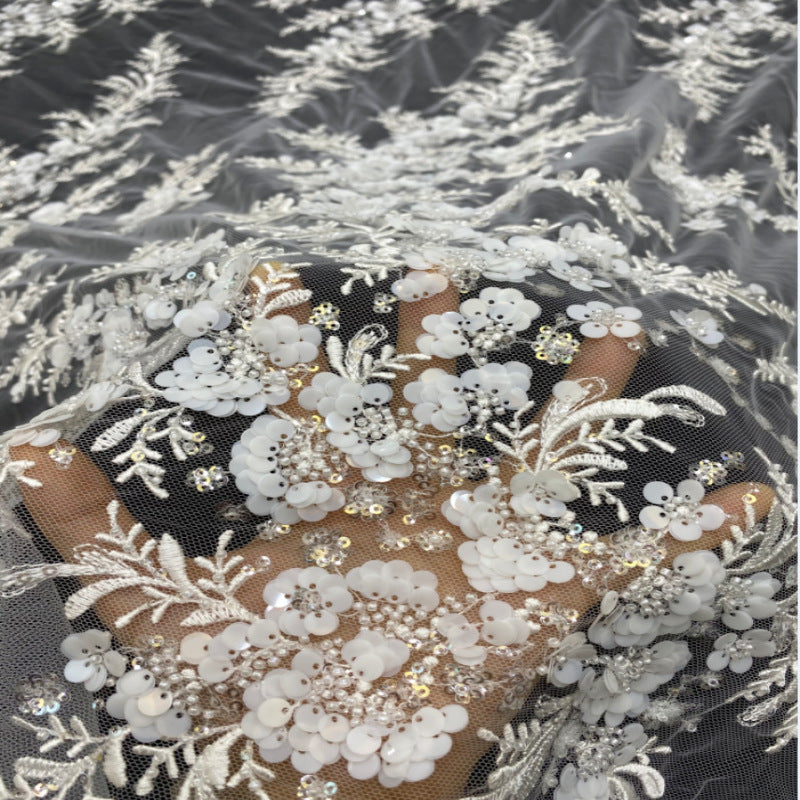 3D 3/7 mm Sequin & White-Core Bead Embroidered Bridal Fabric – Design 47007