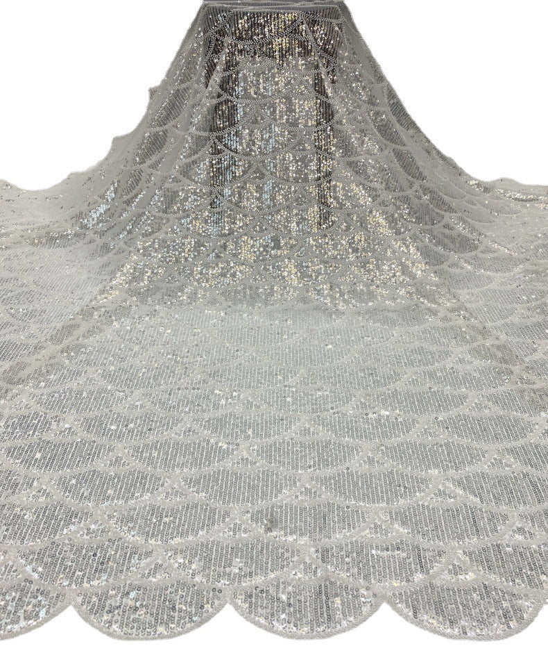Fan-Motif White Bead and 5 mm Crystal Sequin Fabric