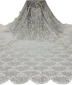 Fan-Motif White Bead and 5 mm Crystal Sequin Fabric