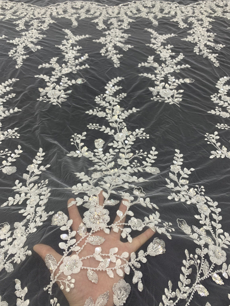 Symmetrical Botanical Bead Sequin Embroidery Fabric — fabric photo 2
