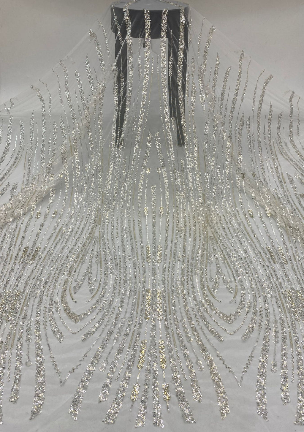 3/5 mm Crystal-Look Sequin & Silver-Bead Embroidered Bridal Fabric — fabric photo 6