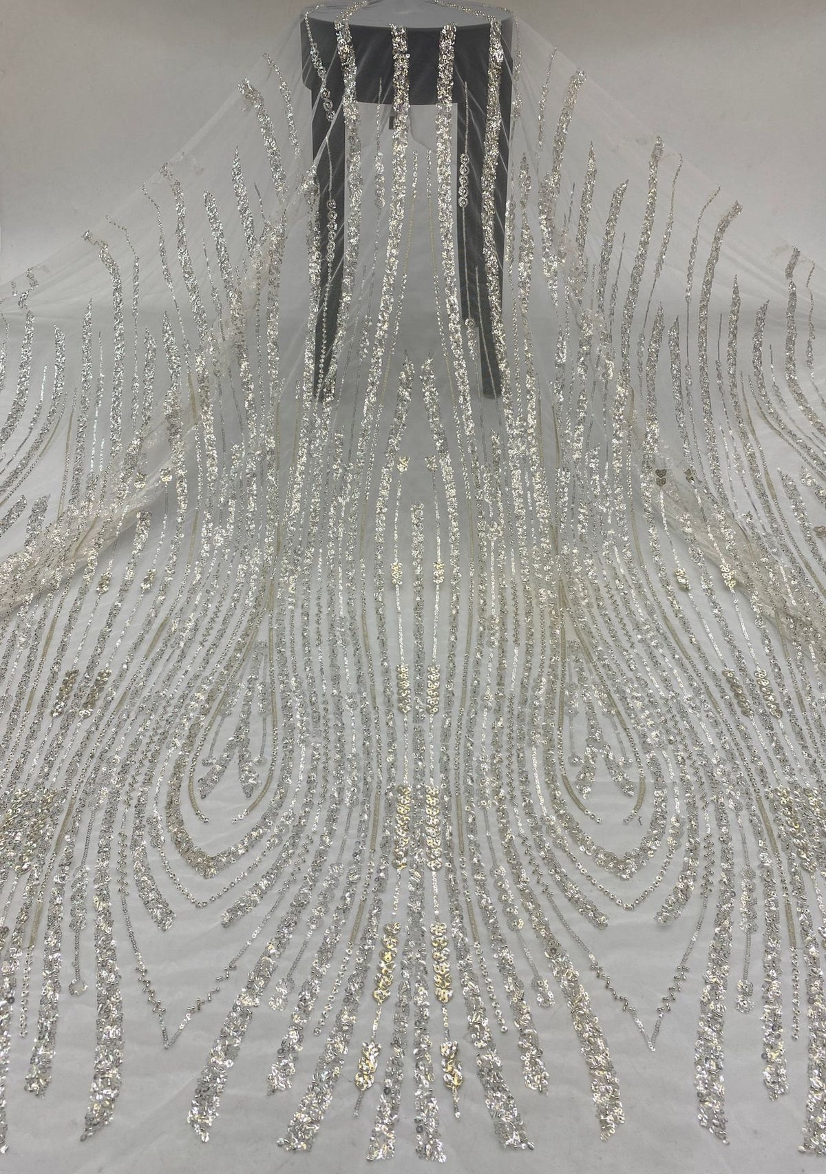 3/5 mm Crystal-Look Sequin & Silver-Bead Embroidered Bridal Fabric — fabric photo 6