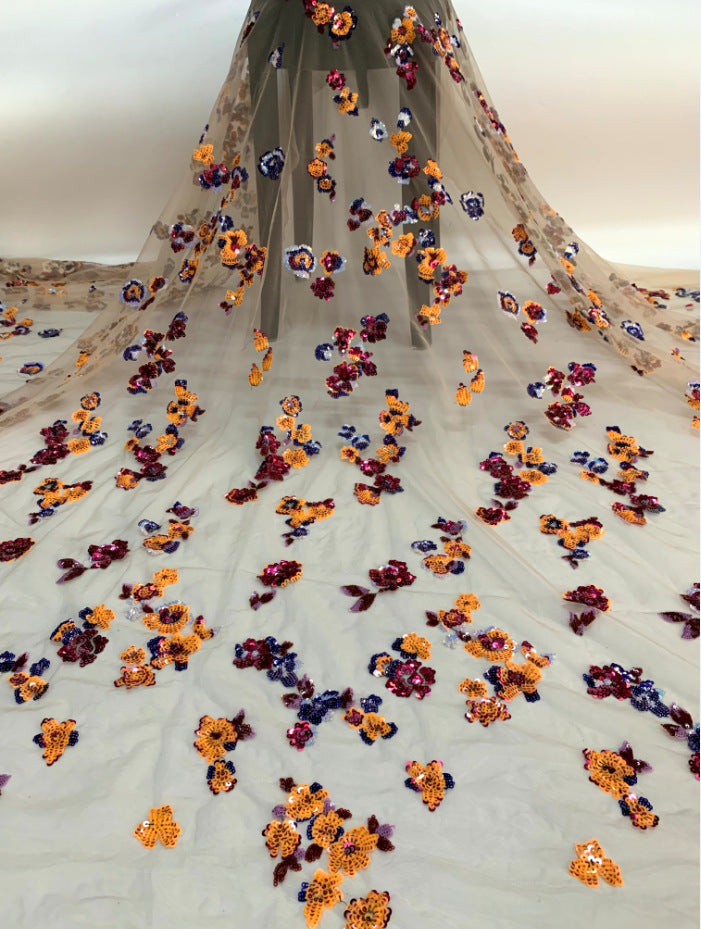 Fine Small Floral Sequin Embroidered Bridal Fabric — fabric photo 5