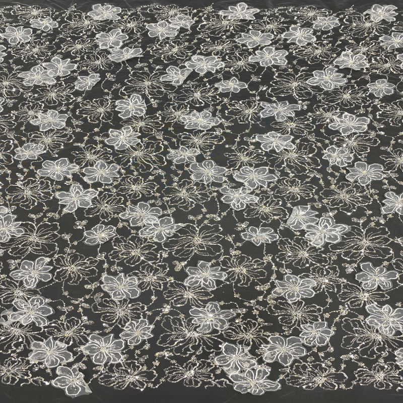 Laser Floral Applique Bead & Sequin Embroidered Fabric — fabric photo 2