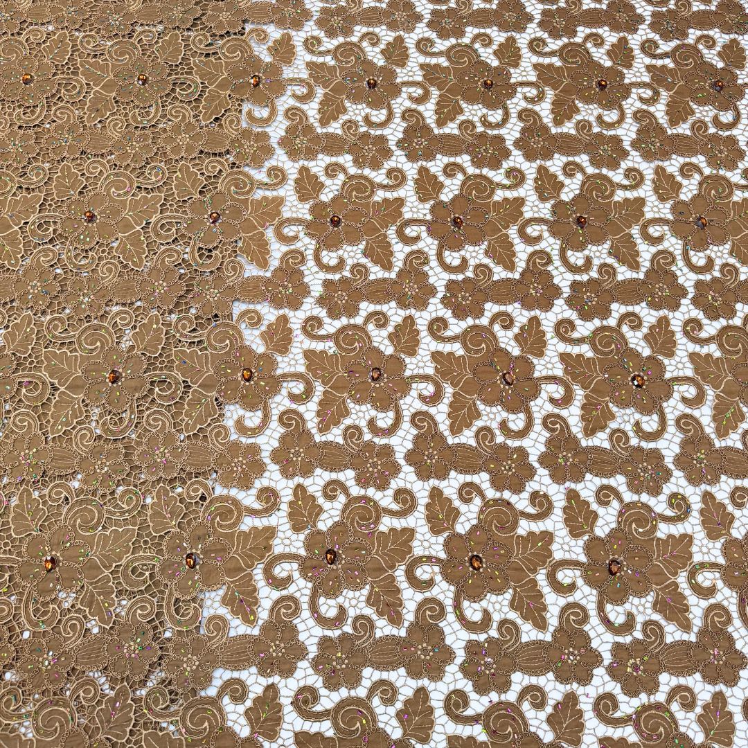 Polyester Floral Cutwork Rhinestone Lace Fabric – Per Yard